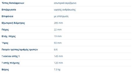 ΔΙΣΚΟΠΛΑΚΕΣ ΟΠΙΣΘΙΕΣ ΑΕΡΙΖΩΜΕΝΕΣ MERCEDES SPRINTER 904 VARIO 512D VW LT II 28 - 46 285X22 mm