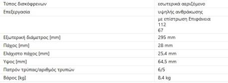 ΔΙΣΚΟΠΛΑΚΕΣ ΕΜΠΡΟΣ ΑΕΡΙΖΟΜΕΝΕΣ C-CLASS W204 E-CLASS W212 A207 C207 SLC R172 W172 SLK R172 W172 295X28mm