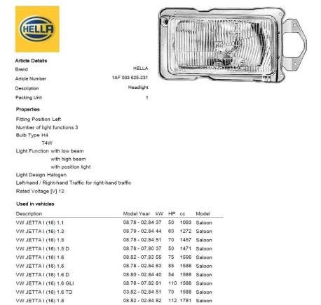ΦΑΝΑΡΙ ΕΜΠΡΟΣ ΑΡΙΣΤΕΡΑ LEFT JETTA I 1979 - 1983